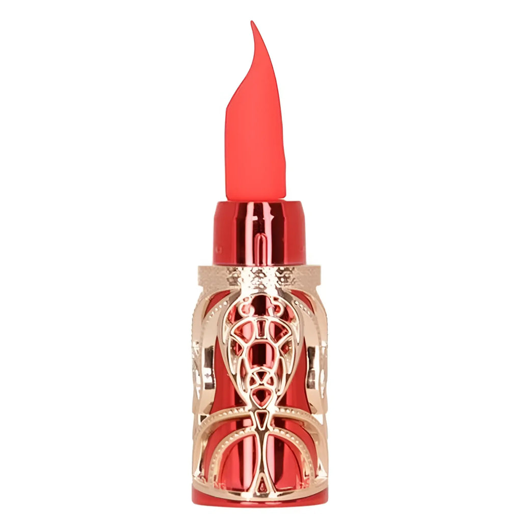 Red lipstick with metallic rose gold ornate case and vibrant coral bullet from bms ruby kiss 4 in 1 lipstick vibrator