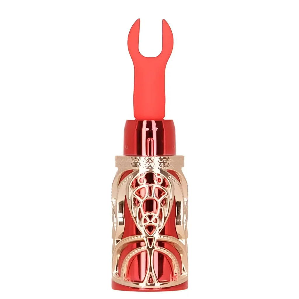 Bms ruby kiss 4 in 1 lipstick vibrator with red and gold metallic decorative bottle opener and intricate cut-out design