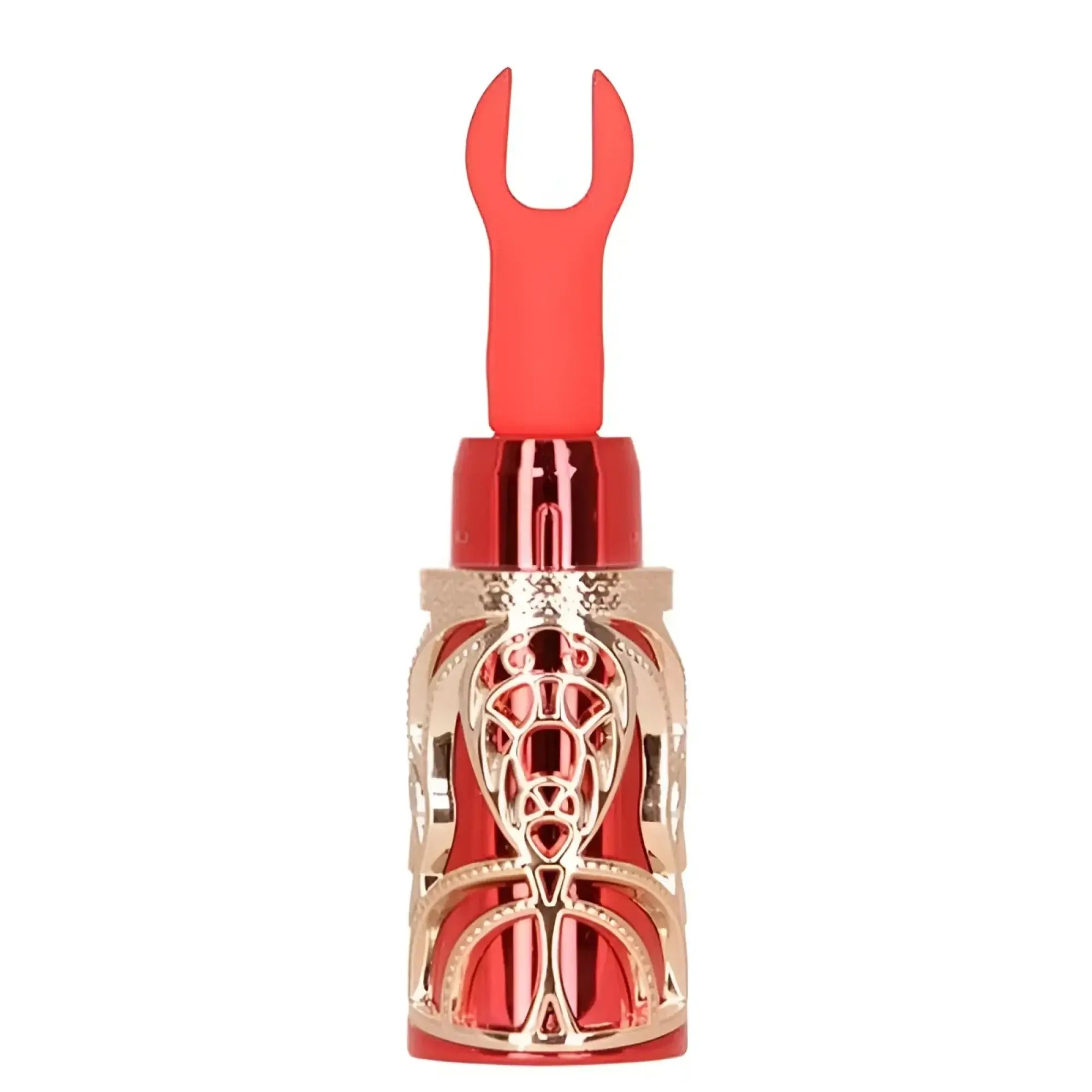 Bms ruby kiss 4 in 1 lipstick vibrator with red and gold metallic decorative bottle opener and intricate cut-out design