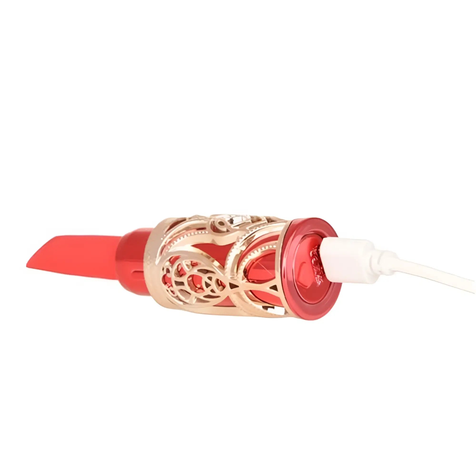 Red lipstick-shaped usb charging device with gold-toned ornate metal casing from bms ruby kiss 4 in 1 vibrator