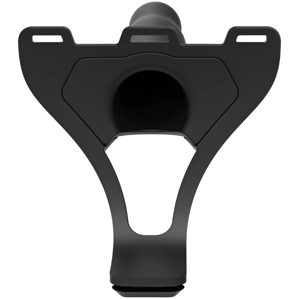 Black plastic car phone mount with y-shaped design and three mounting slots for body extension be daring strap-on set