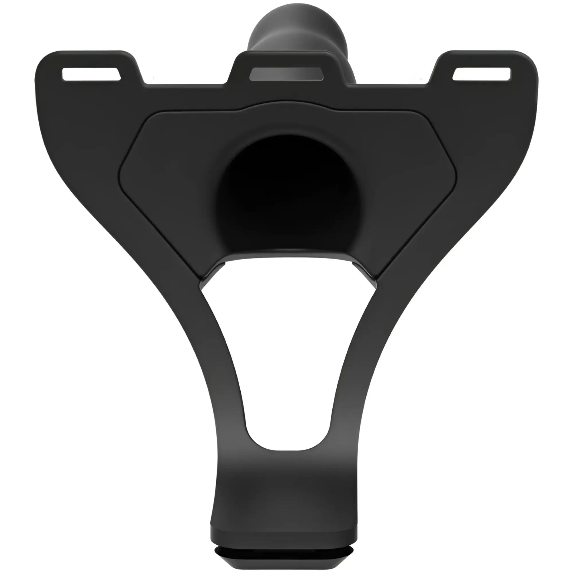 Black plastic car phone mount with y-shaped design and three mounting slots for body extension be daring strap-on set