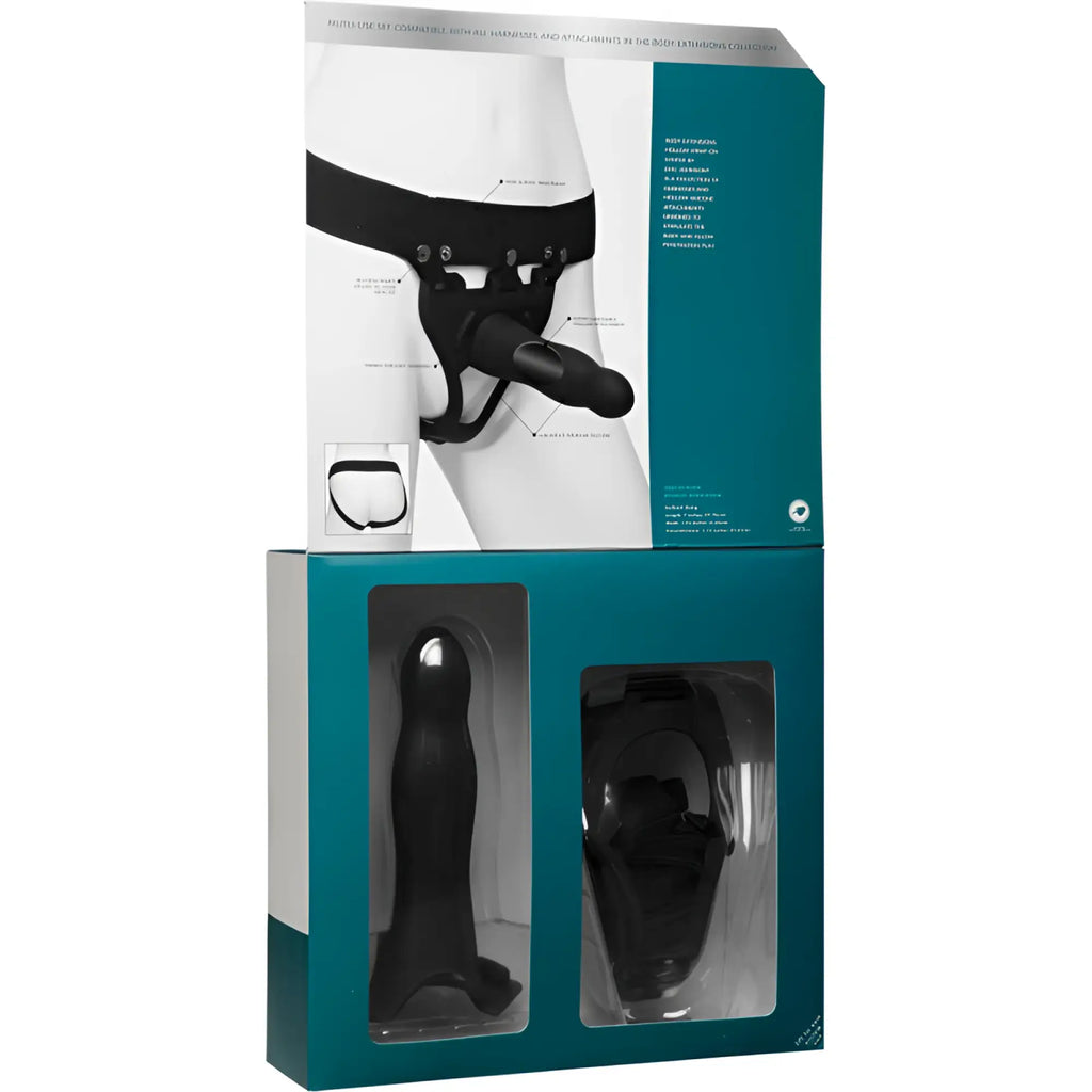 Black silicone strap-on set with ergonomic textured grip and curved bulbed dong for adults use
