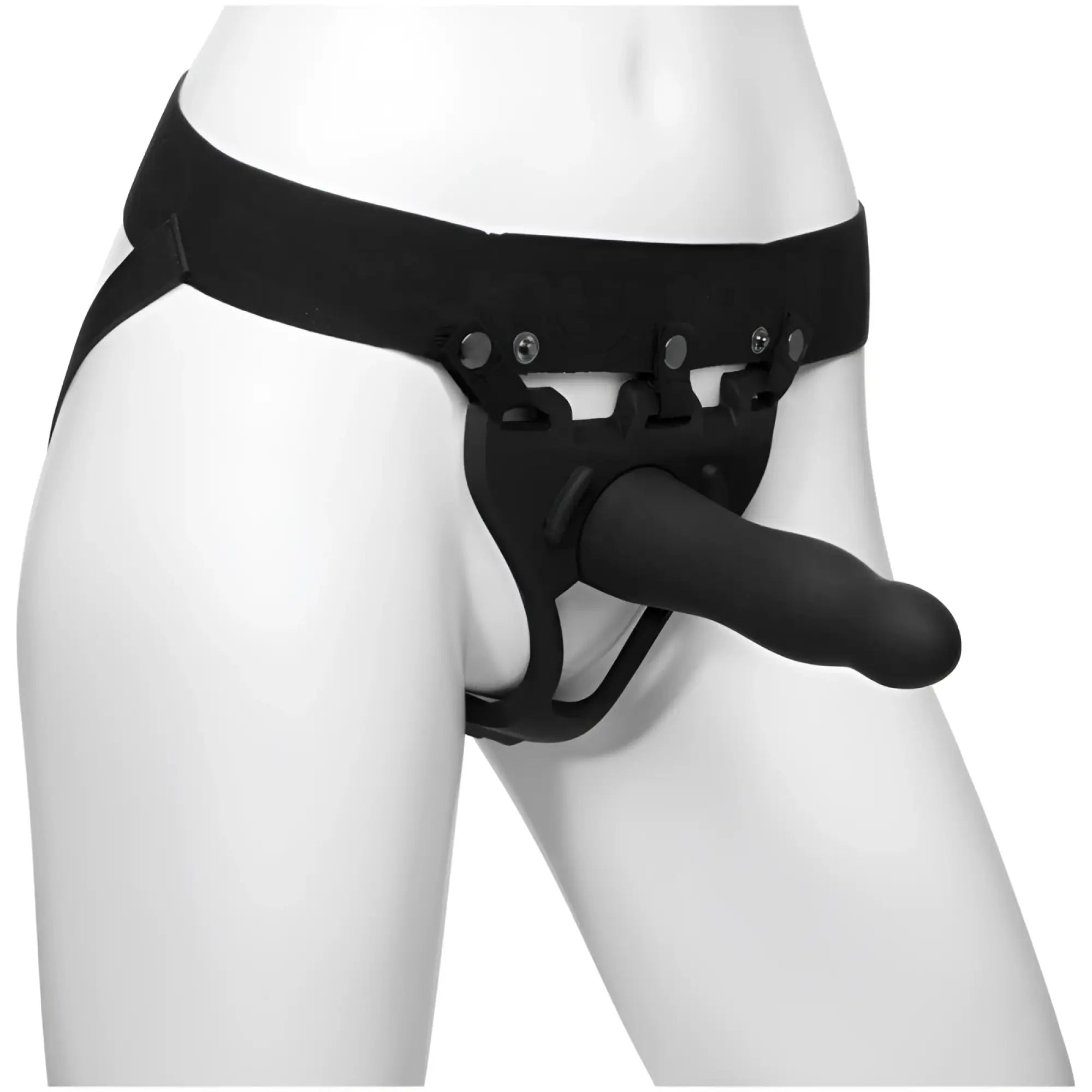Black silicone cock ring with adjustable strap and metal clasps from Body Extension Be Daring 7in bulbed dong set