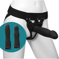 Black silicone strap-on set with adjustable harness and two interchangeable hollow attachments for versatile use