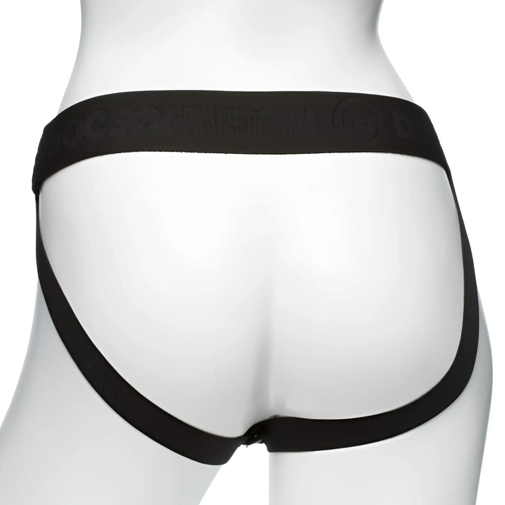 Black lace-trimmed thong with wide elastic waistband and embossed logo from body extension be ready 4 pc strap-on set