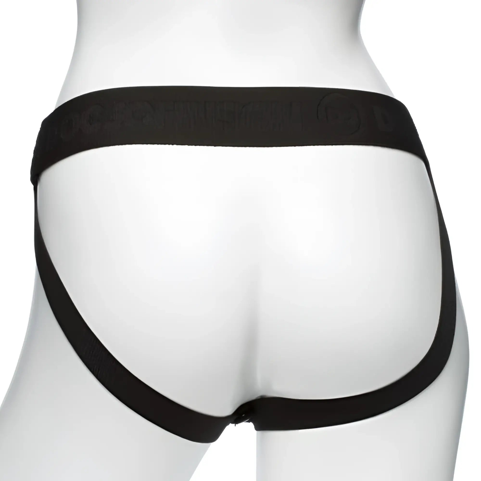 Black lace-trimmed thong with wide elastic waistband and embossed logo from body extension be ready 4 pc strap-on set