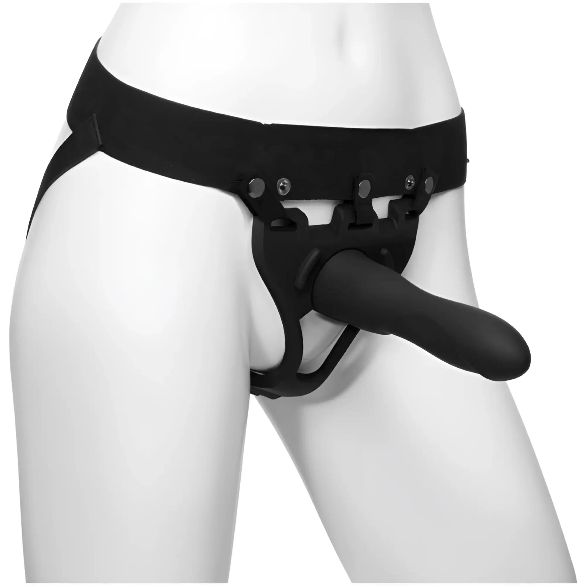 Black silicone cock ring with adjustable strap and metal clasps from body extension be strong 7.5in slim dong set