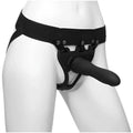 Black silicone cock ring with adjustable strap and metal clasps from body extension be strong 7.5in slim dong set