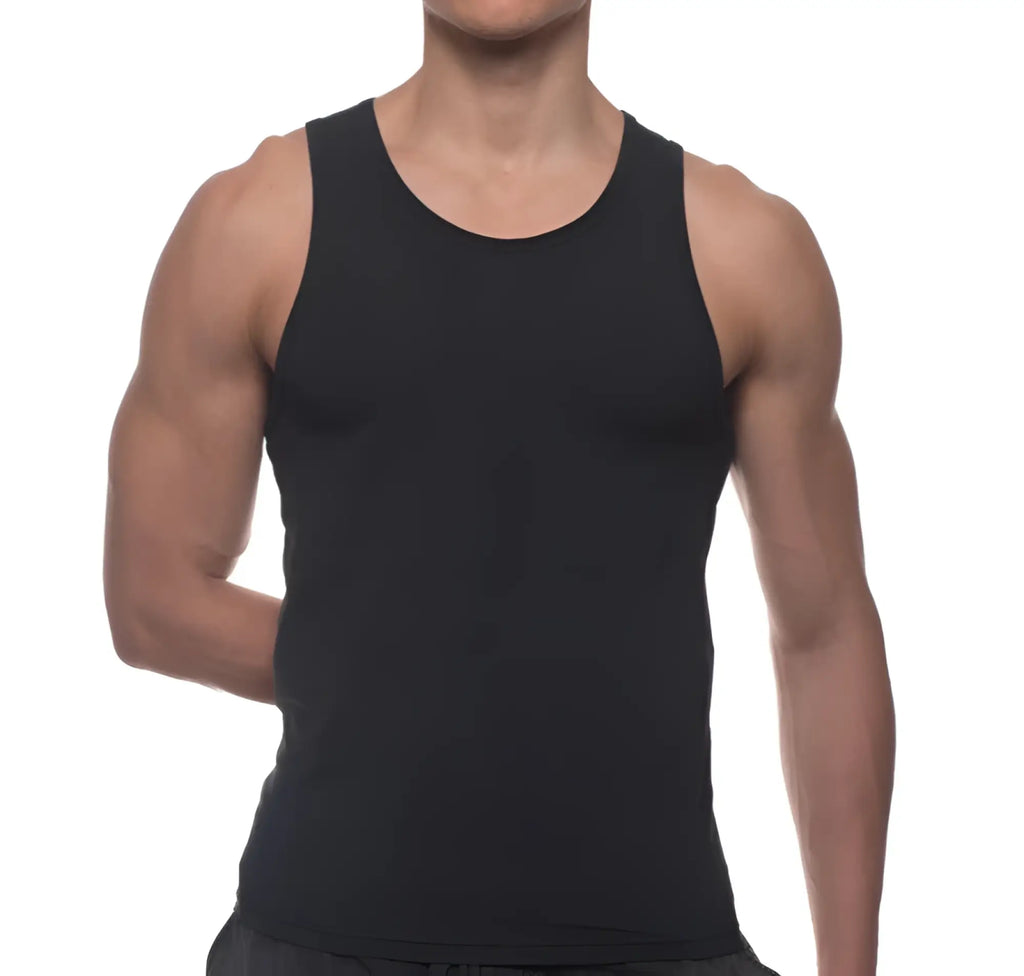 Black sleeveless tank top with simple round neckline and smooth form-fitting fabric from body tech maximizer set