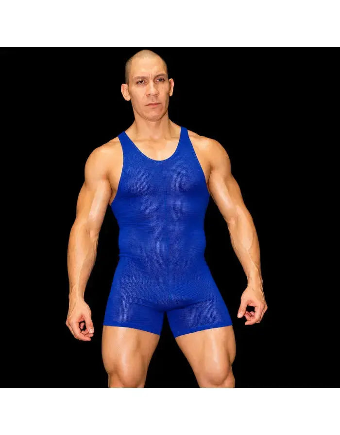 Men's blue mesh bodysuit by Arroyman featuring a fitted design and sleeveless cut showcasing a textured fabric.