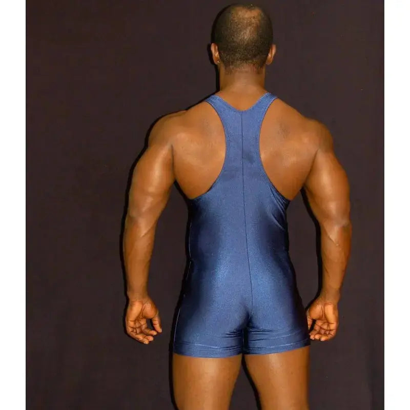 Men's navy wrestling bodysuit by Arroyman featuring a sleeveless design and a snug fit shown from the back.