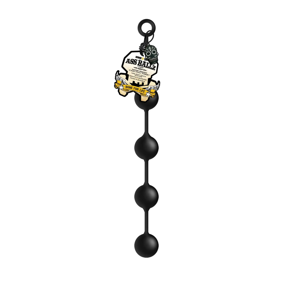 Black silicone boneyard boneyard ass ballz large with four spherical beads and looped top for easy handling