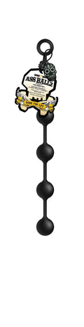 Black silicone medium boneyard ass ball with skull-themed tag and ring for adult use