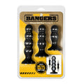 Black silicone butt plug training kit with three sizes and inner metal balls for bump and roll sensation by boneyard bangers