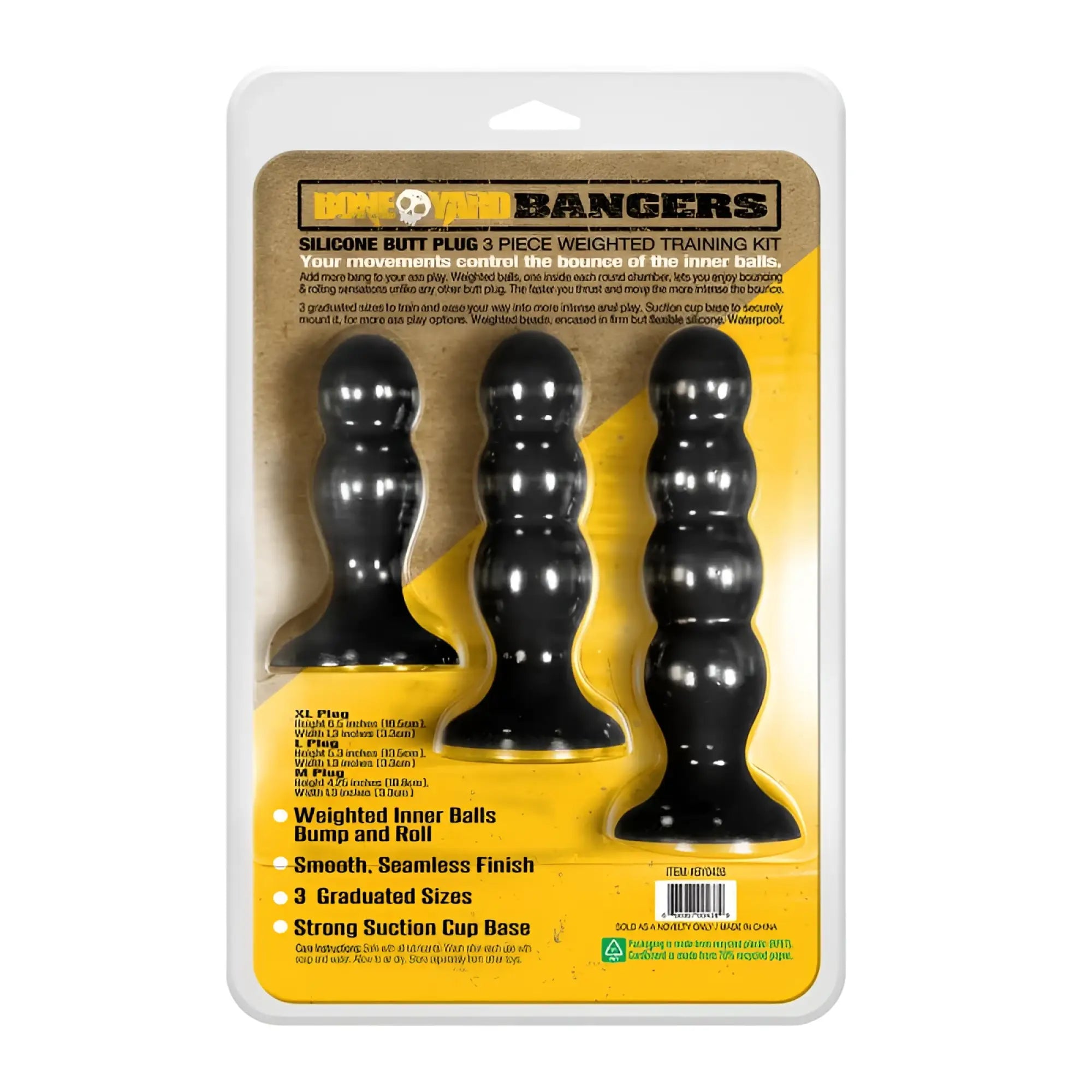 Black silicone butt plug training kit with three weighted inner balls in yellow and brown packaging boneyard bangers