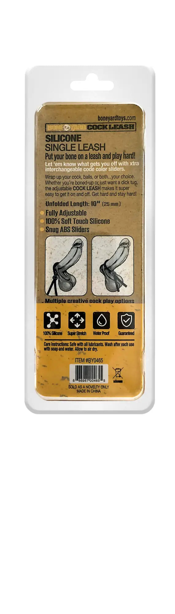 Beige boneyard cock leash single black made of silicone with soft-touch finish and adjustable design in clear plastic packaging