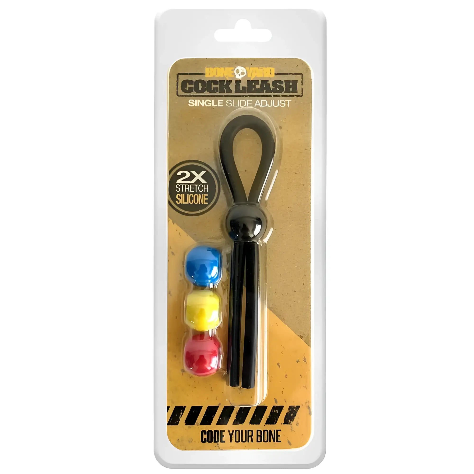 Boneyard cock leash single black with black silicone strap single slide adjust and three colorful detachable balls in blue yellow and red