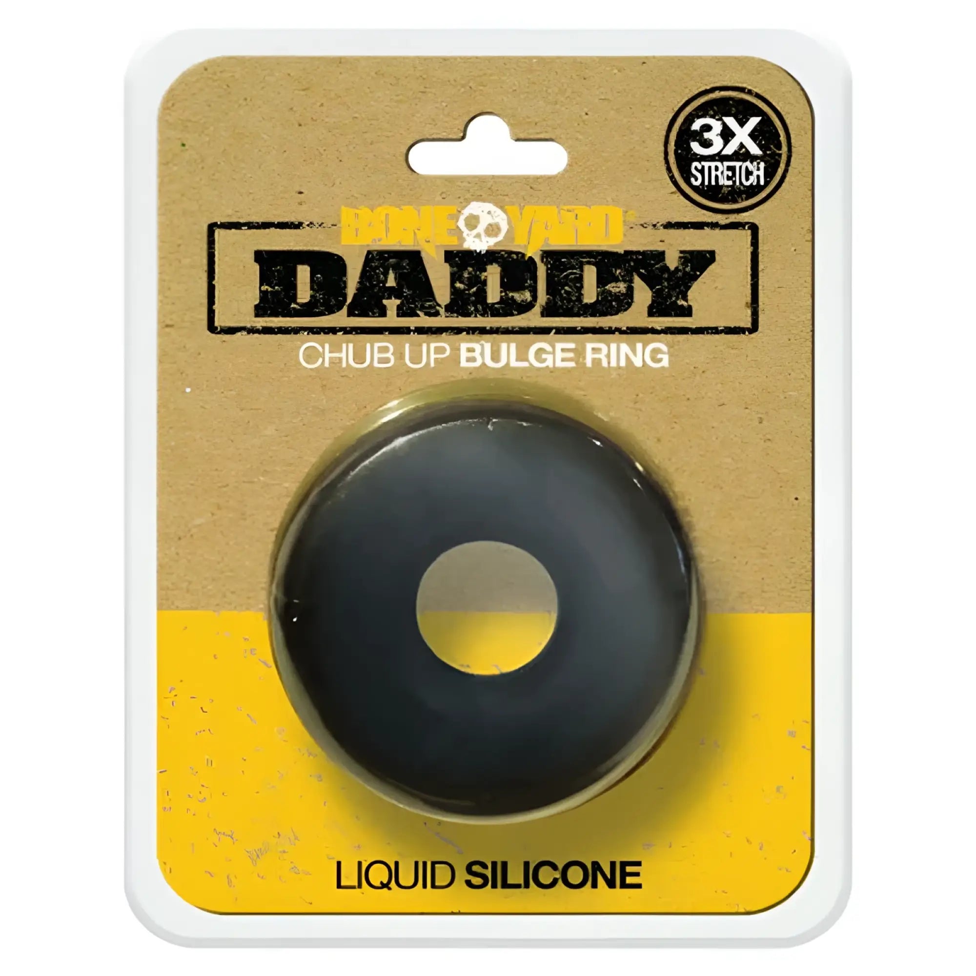 Black liquid silicone chub up bulge ring in yellow and cardboard package from boneyard daddy silicone ring black product