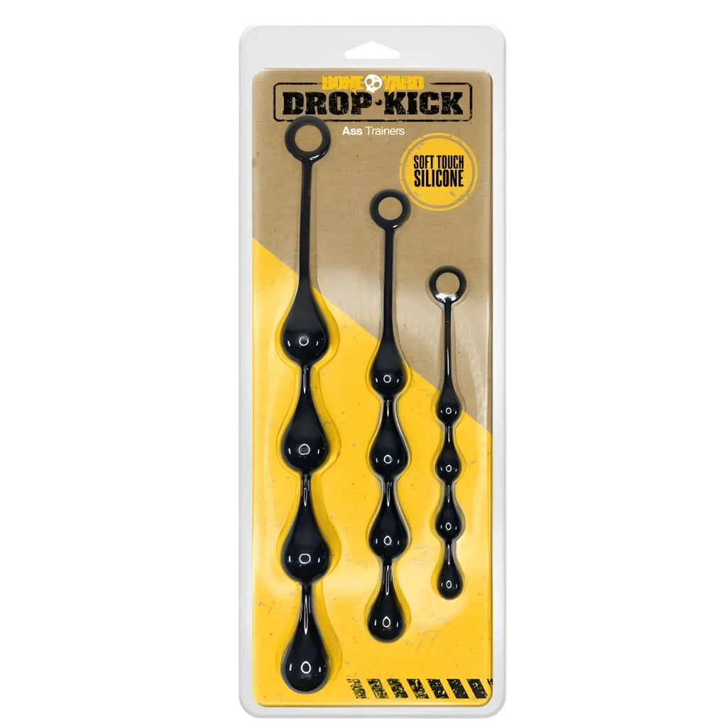 Black silicone ass trainers in three sizes packaged in the Boneyard Drop-Kick Silicone Beginner Ass Training Kit 3 pc