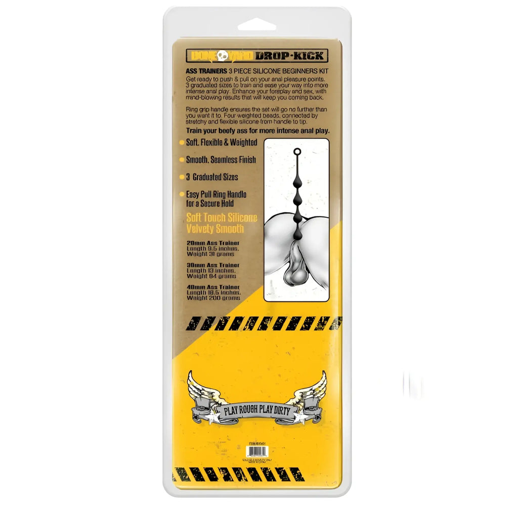 Yellow and black packaged boneyard drop-kick 3-piece silicone beginner ass training kit for beginners