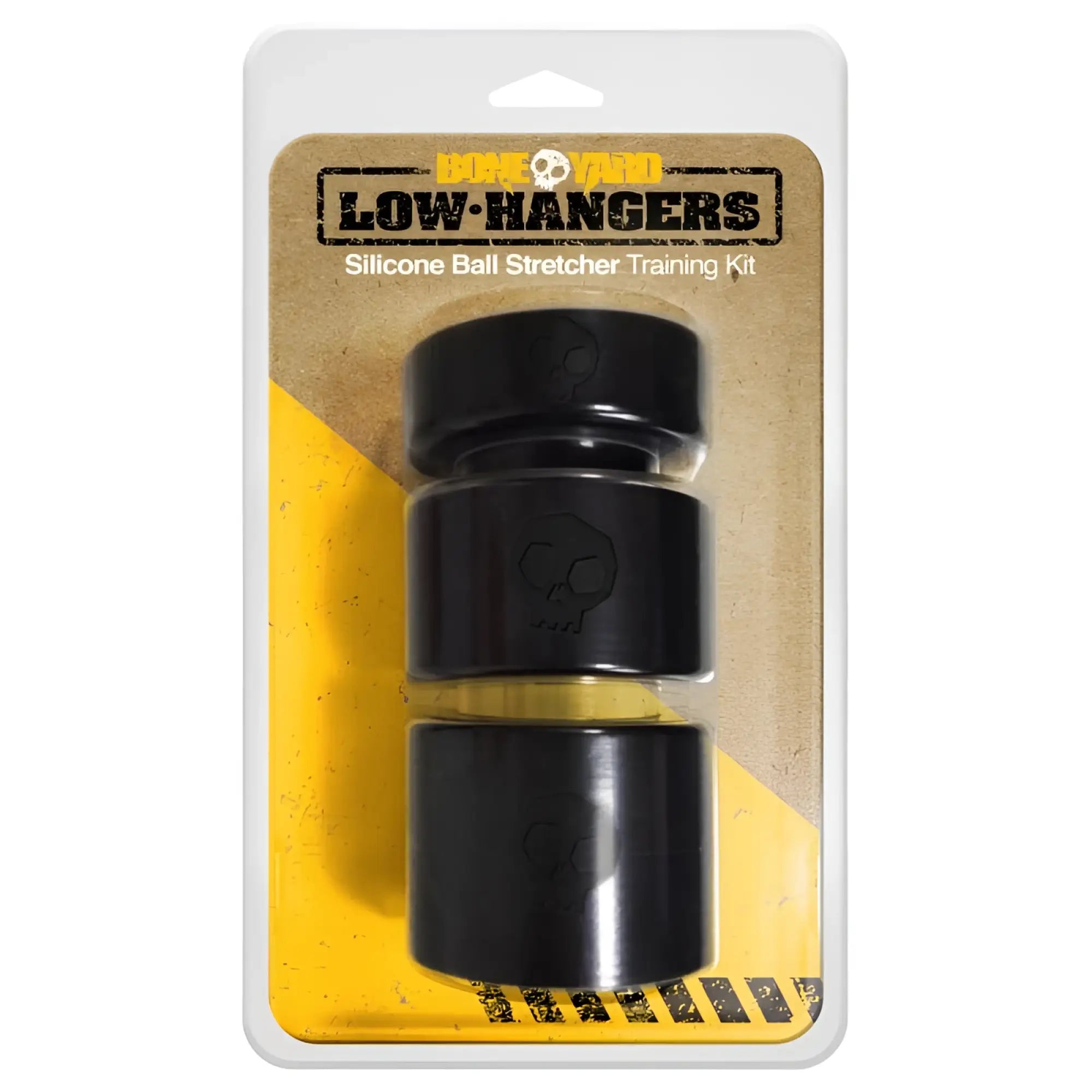 Black silicone ball stretcher training kit with skull logo in yellow and brown cardboard sleeve from boneyard low hangers