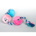 Pink and blue plush dog toy with embroidered eyes and braided rope tail from boneyard scruffy pet toys tug buttons anal balls