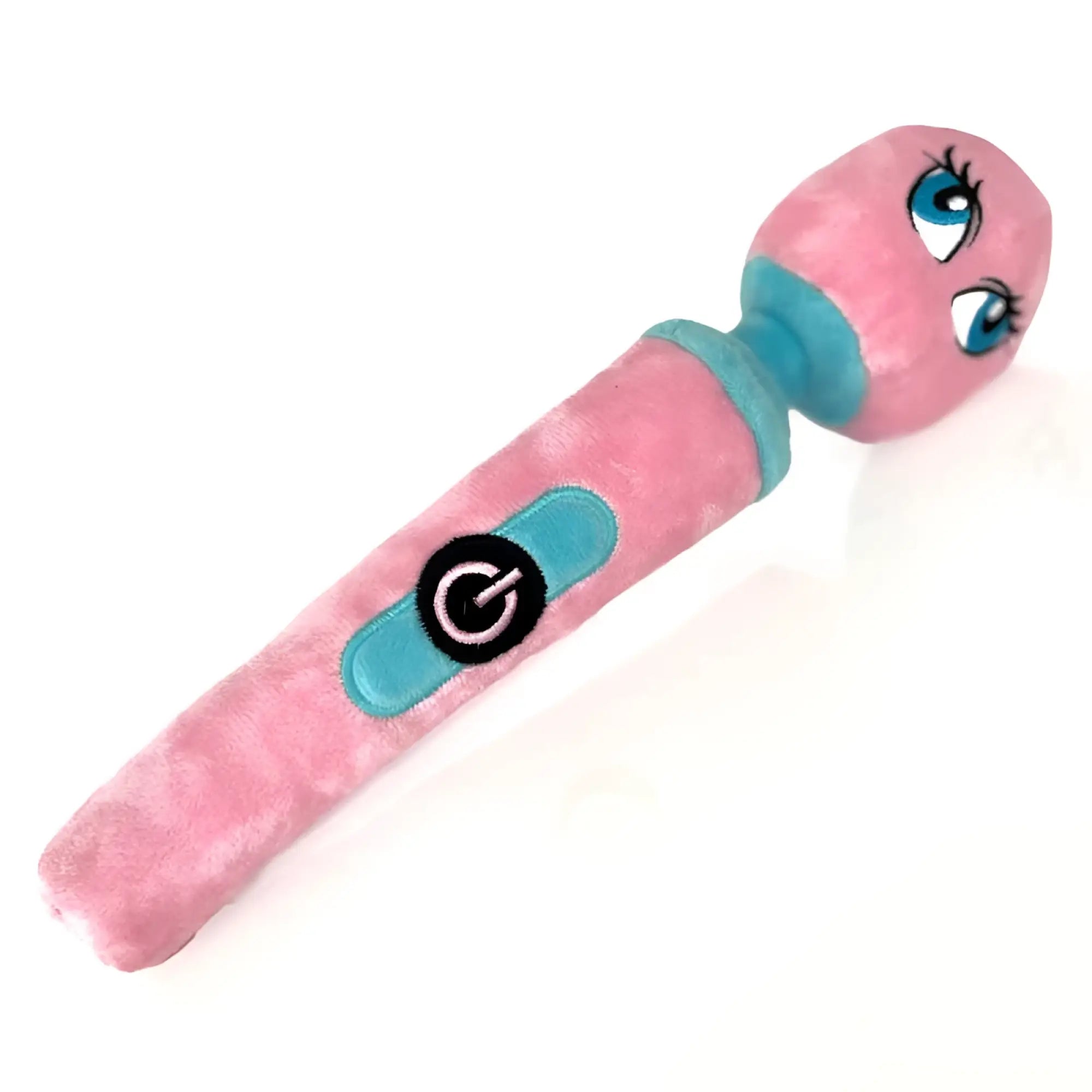 Pink plush wand toy with turquoise accents and embroidered blue eyes from Boneyard Scruffy Pet Toys Wanda DelPoochie