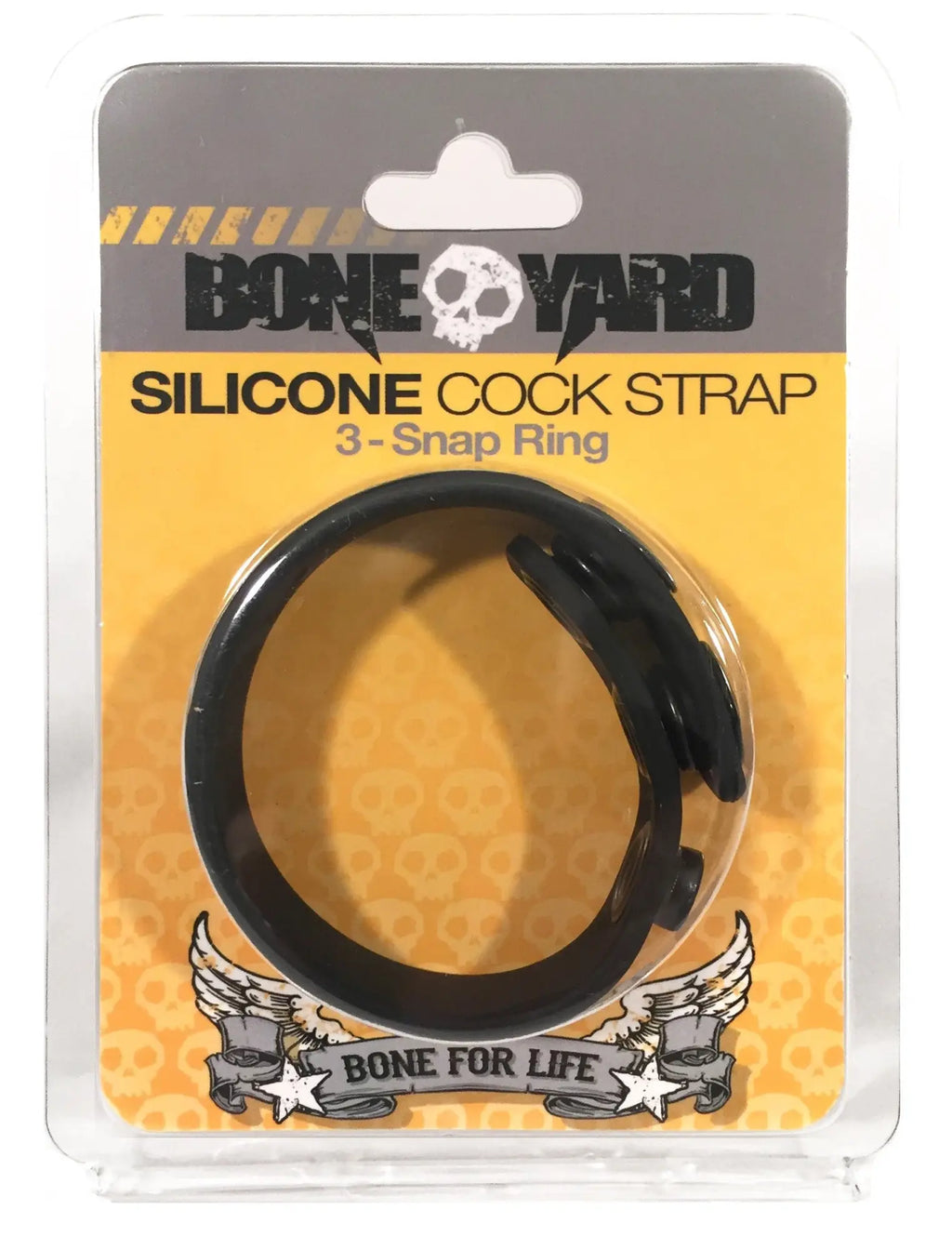 Boneyard Boneyard silicone cock strap in black with a 3 snap ring design packaged in clear plastic and cardboard