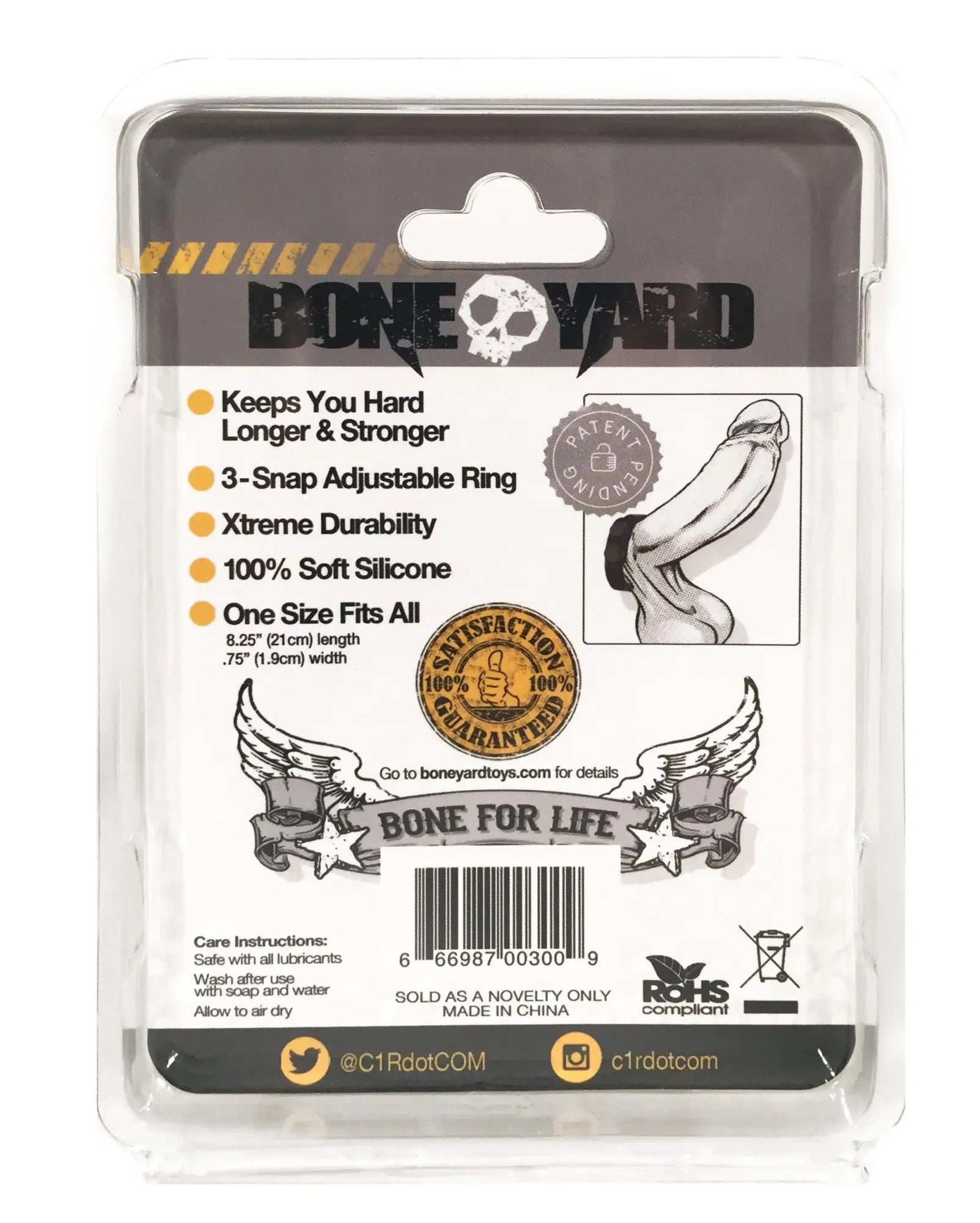 Boneyard black soft silicone penis-shaped cock strap with 3-snap adjustable ring for secure fit
