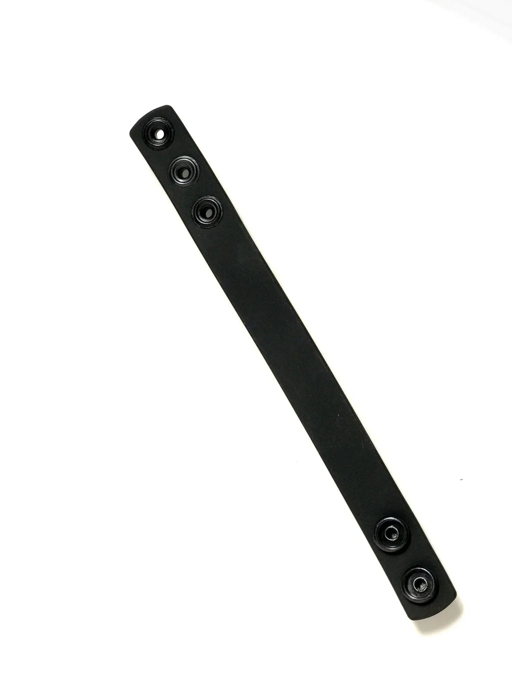 Black silicone boneyard cock strap with five circular holes and three snap rings for adjustable fit
