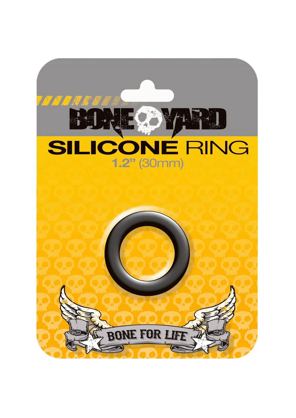 Boneyard boneyard silicone ring 30mm black made of flexible silicone shown on yellow and gray skull branded card