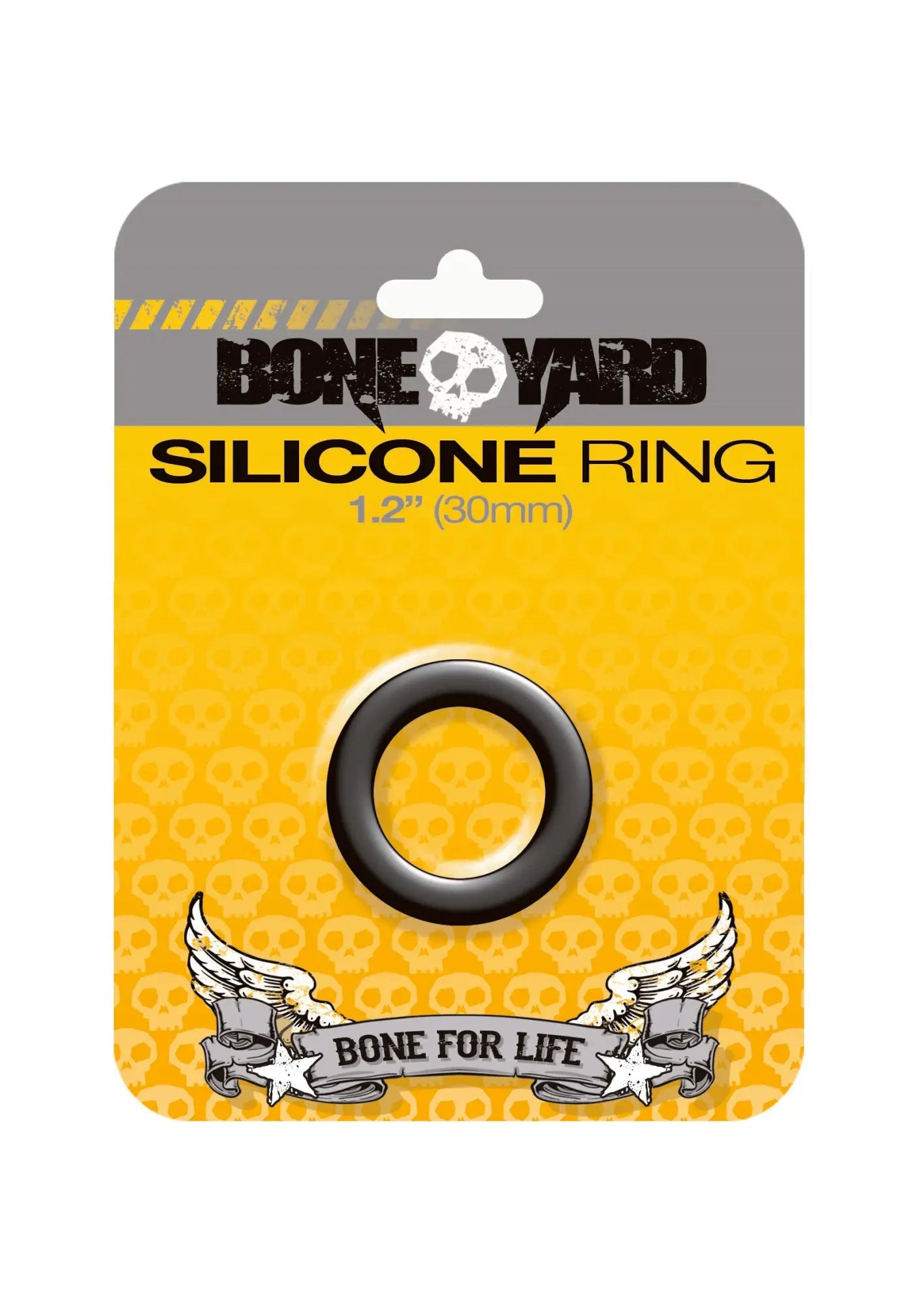 Boneyard boneyard silicone ring 30mm black made of flexible silicone shown on yellow and gray skull branded card