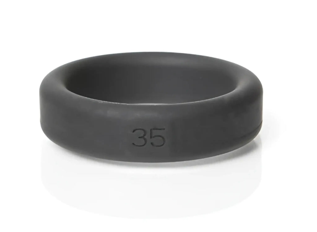 Black silicone ring by boneyard with 35mm width and 35 engraved on the inner surface