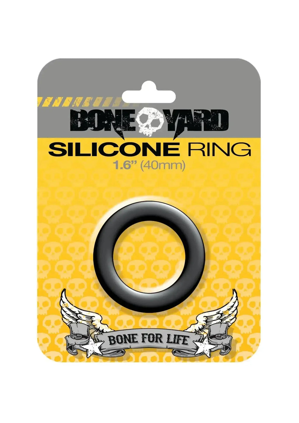 Boneyard silicone ring 40mm black with smooth matte finish made of silicone on yellow gray branded skull card