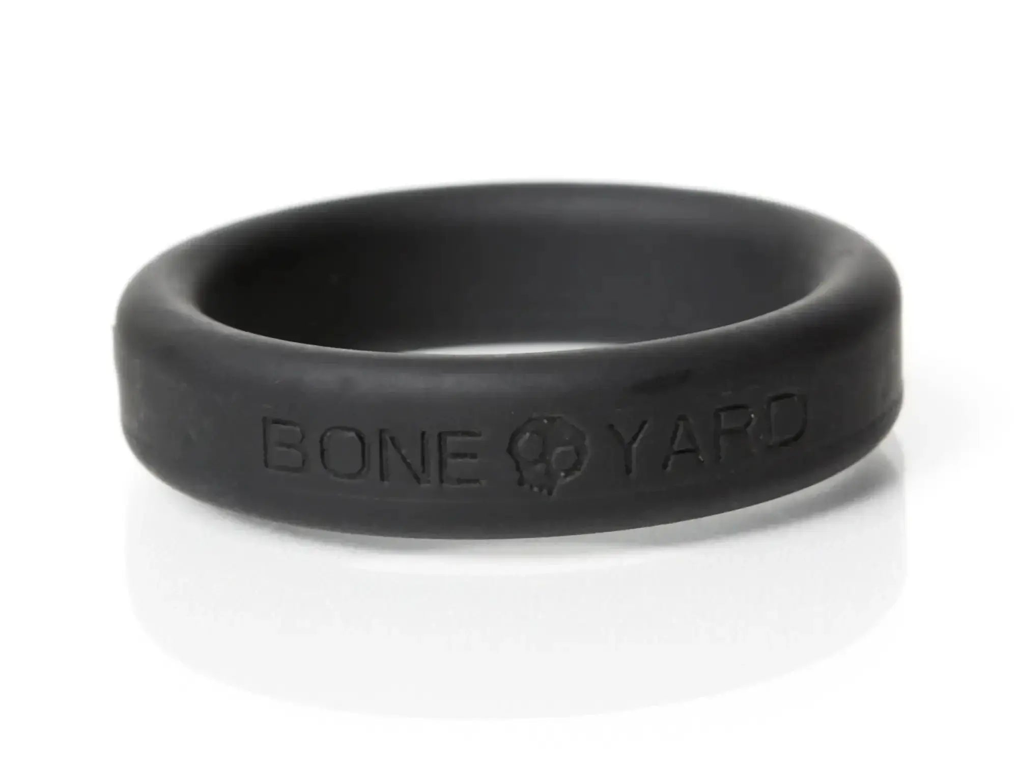 Black silicone boneyard boneyard ring 40mm with skull logo and bone yard engraving on exterior surface