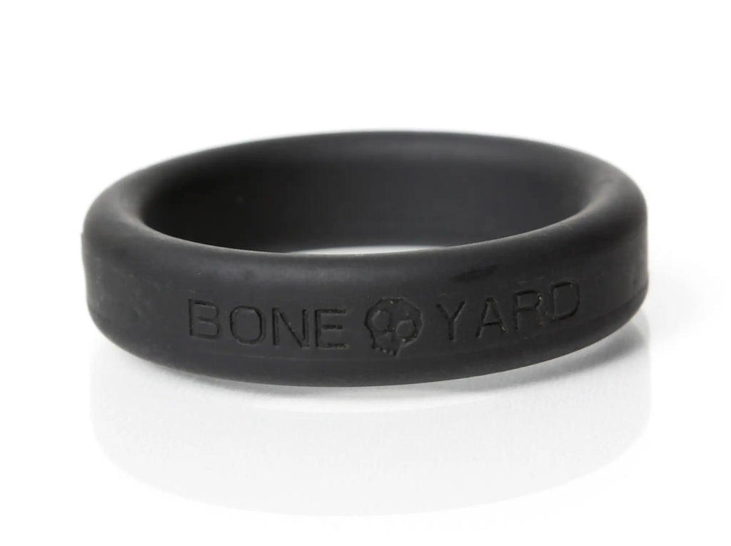 Black silicone boneyard boneyard ring 40mm with skull logo and bone yard engraving on exterior surface