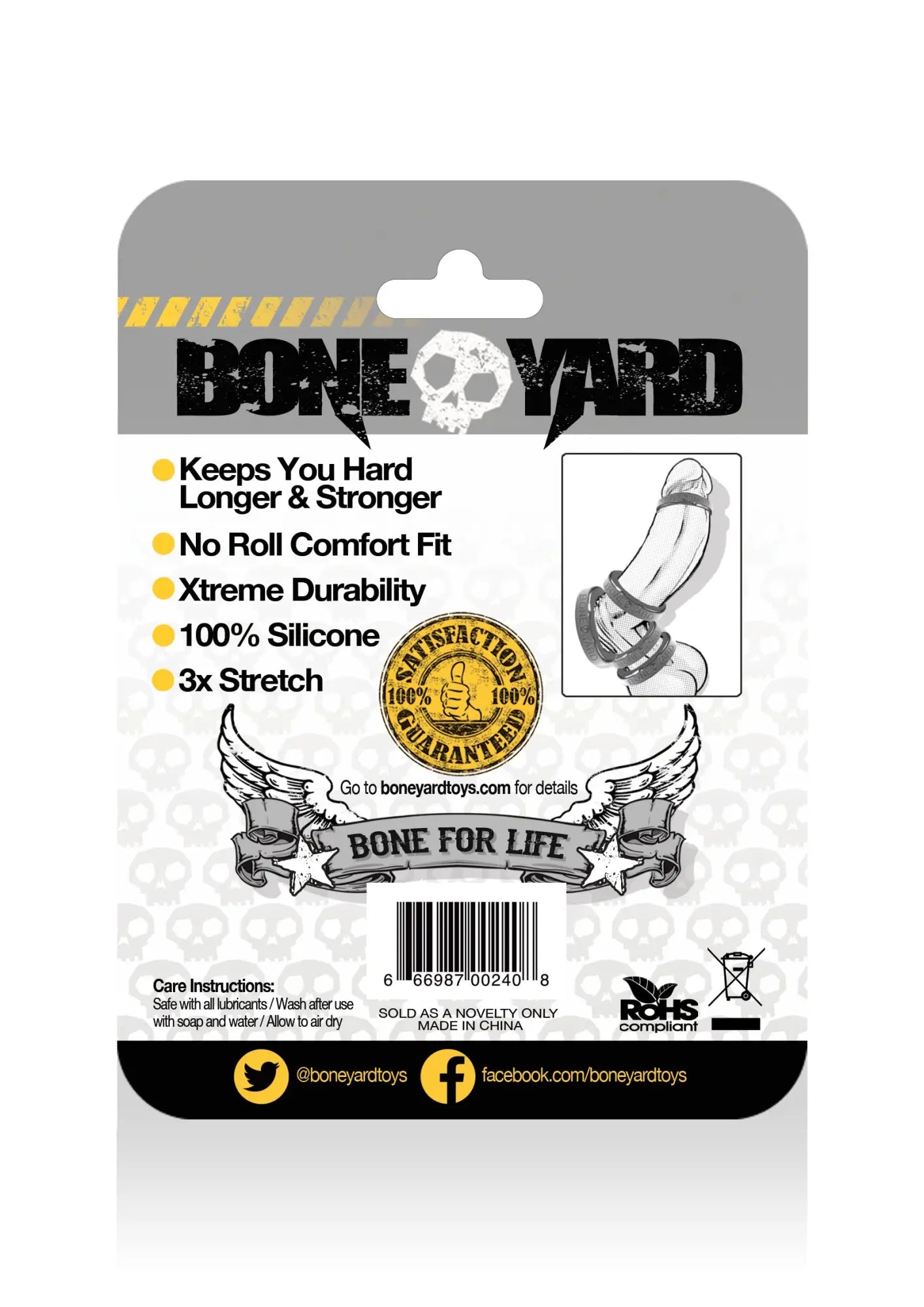 Boneyard silicone cock ring 40mm in black with black and white packaging featuring skull logo