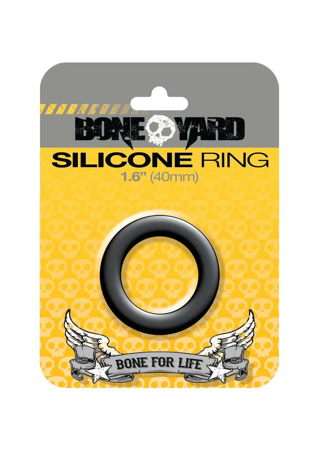 Boneyard silicone ring 40mm black with smooth matte finish made of silicone on yellow gray branded skull card
