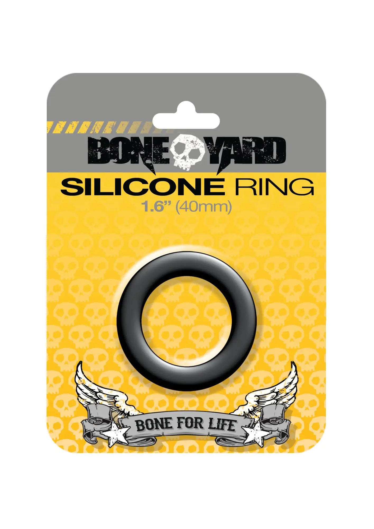 Boneyard silicone ring 40mm black with smooth matte finish made of silicone on yellow gray branded skull card