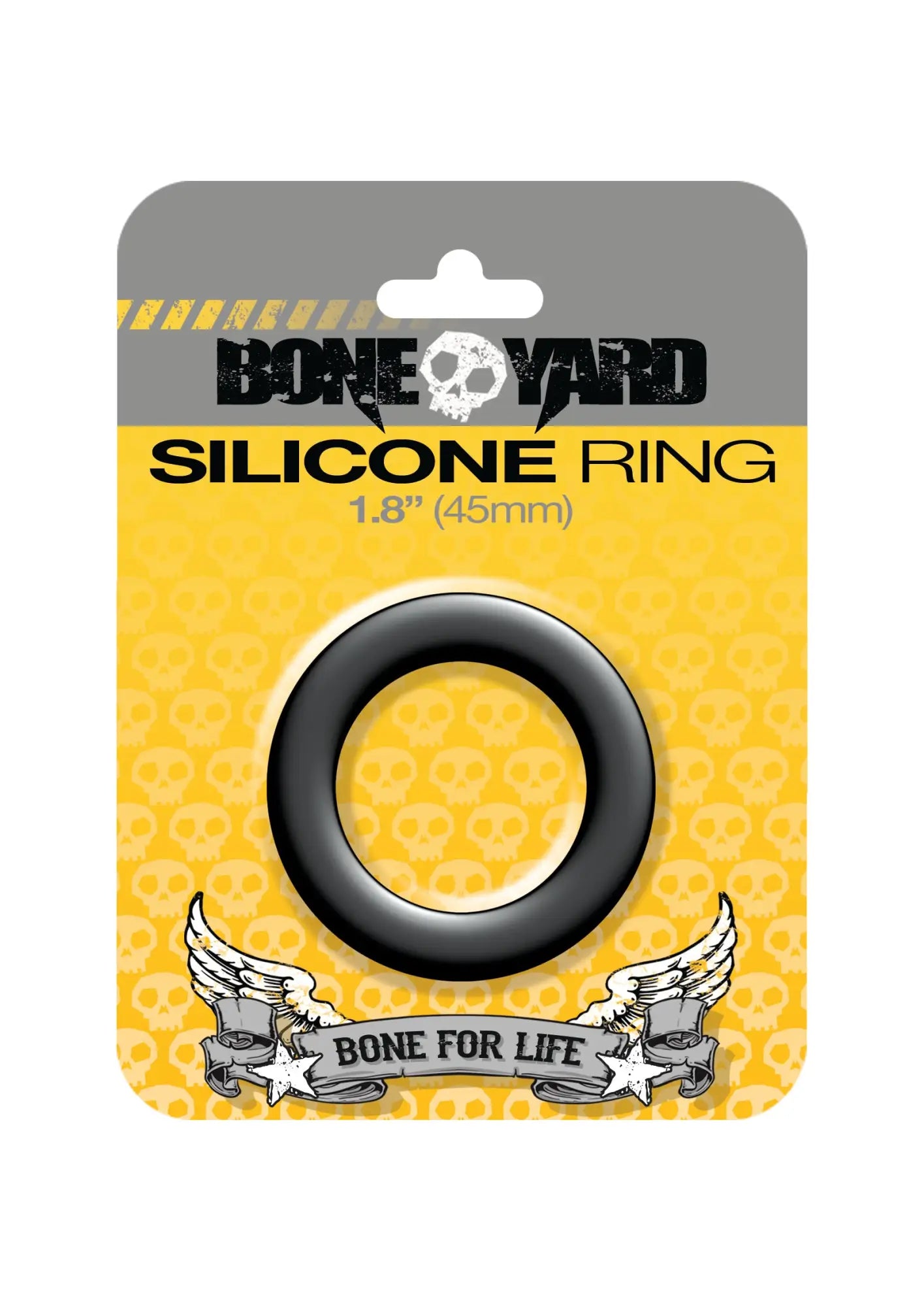 Black silicone ring 45mm by boneyard with bone yard branded yellow and gray card featuring skull motifs and slogan bone for life