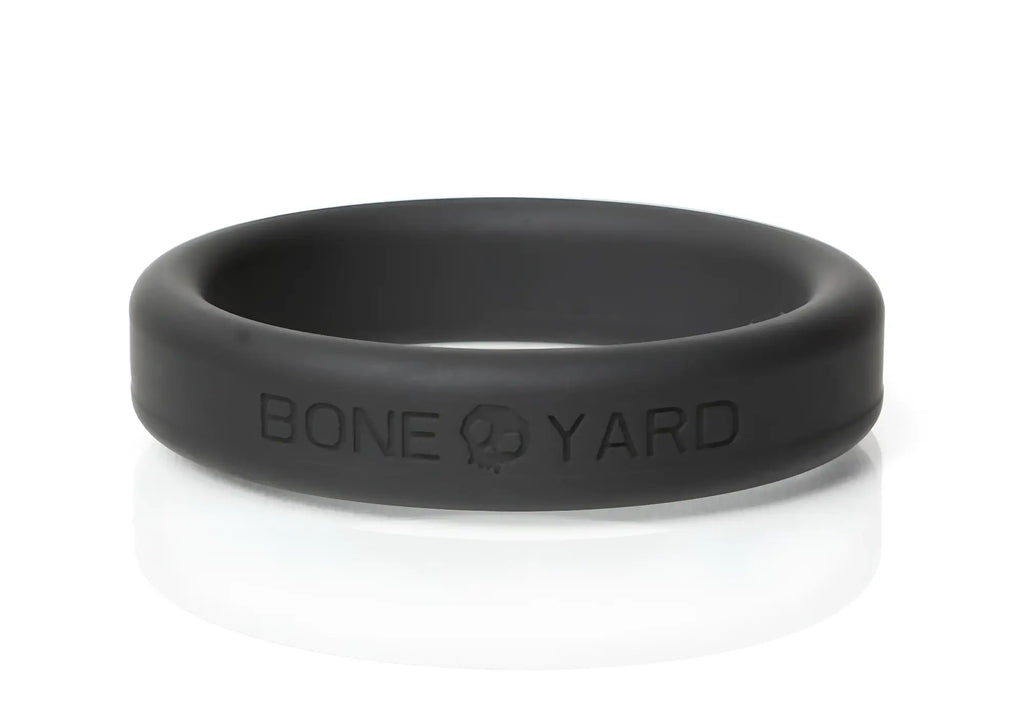 Black boneyard silicone ring 45mm showing back side with bone yard engraving inside the band