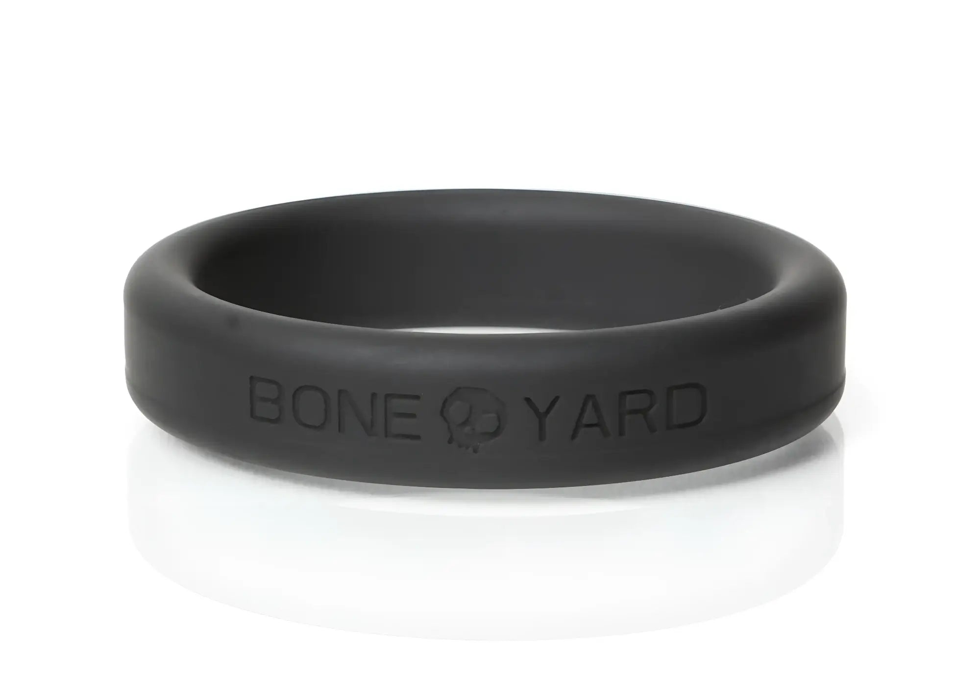 Black boneyard silicone ring 45mm showing back side with bone yard engraving inside the band