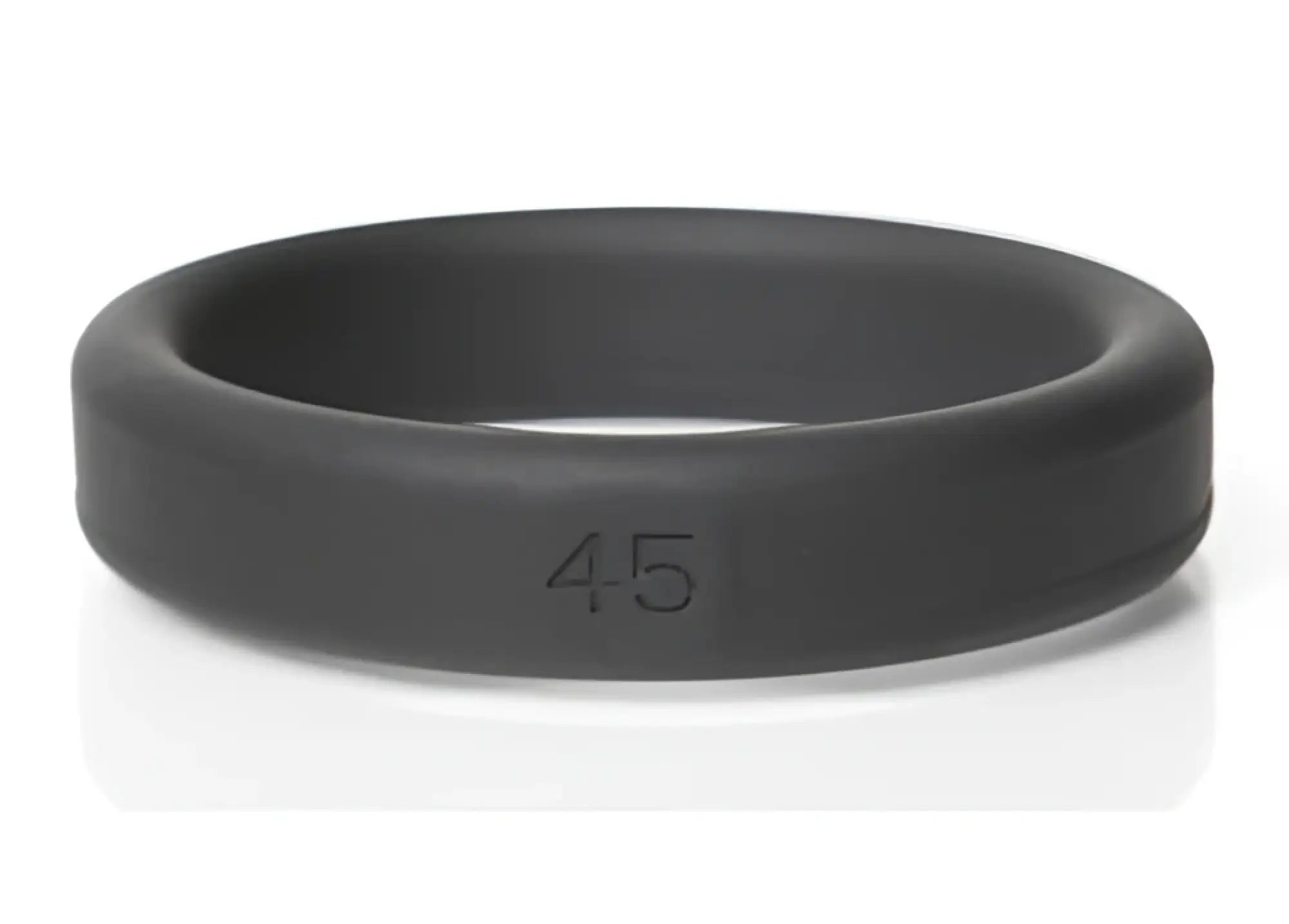Black silicone ring from boneyard with 45mm engraving on the inner surface showing the back side of the ring