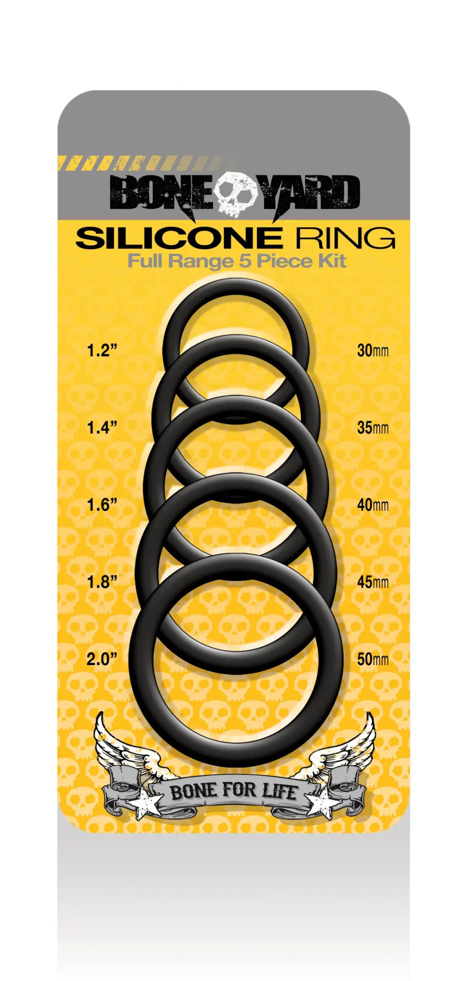 Boneyard silicone ring 5 pc kit features black silicone rings in a full range from bone yard material