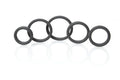 Black rubber o-rings of varying sizes arranged in a row from boneyard silicone ring 5 pc kit black