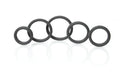 Black rubber o-rings of varying sizes arranged in a row from boneyard silicone ring 5 pc kit black