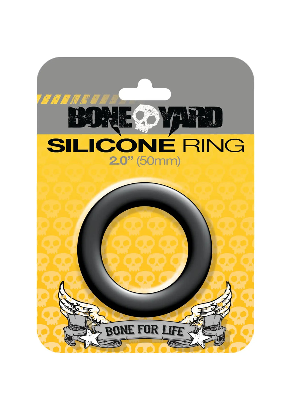 Black silicone ring 50mm diameter packaged with yellow gray boneyard card featuring skulls and bone for life slogan