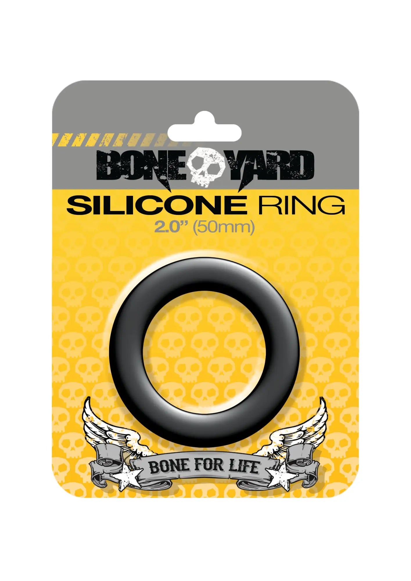 Black silicone ring 50mm diameter packaged with yellow gray boneyard card featuring skulls and bone for life slogan