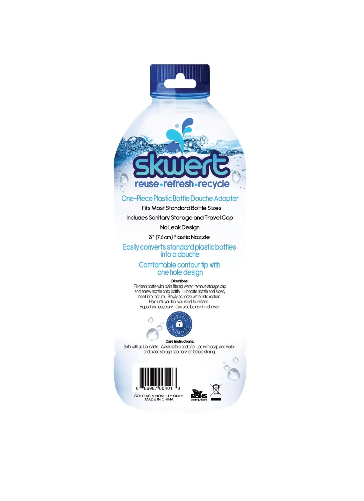 Blue plastic skwert bottle adapter with water splash design and white text for boneyard skwert water bottle douche
